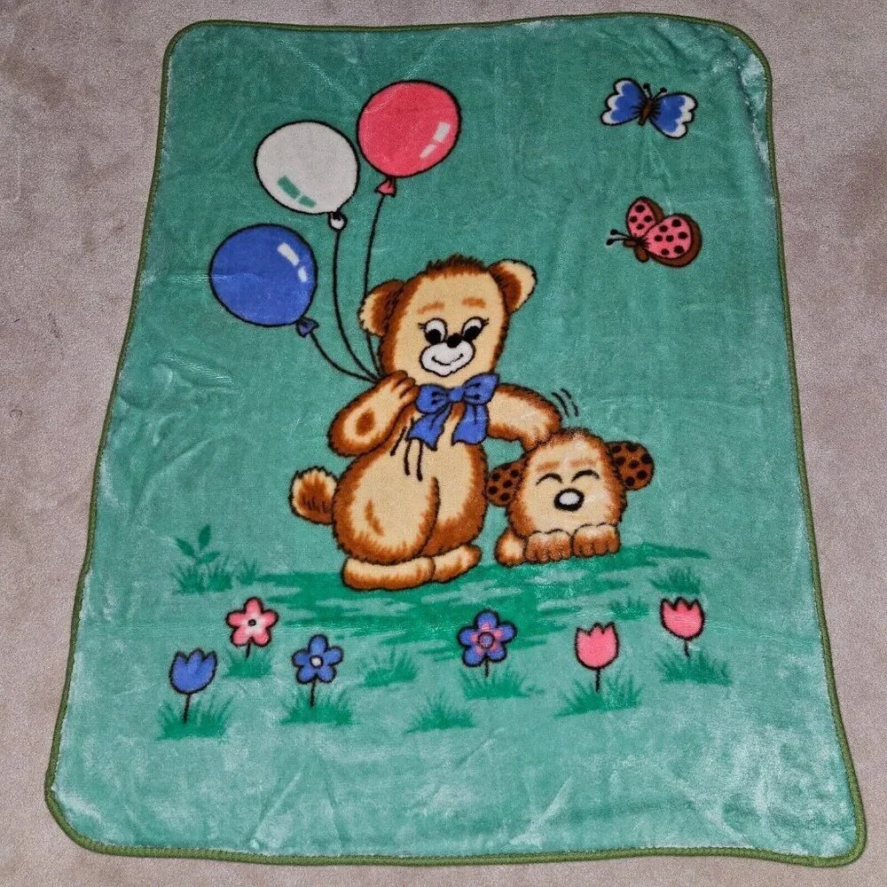 Green Teddy Bear Blanket Balloons Brown Puppy Dog Blue Red Flowers Butterflies